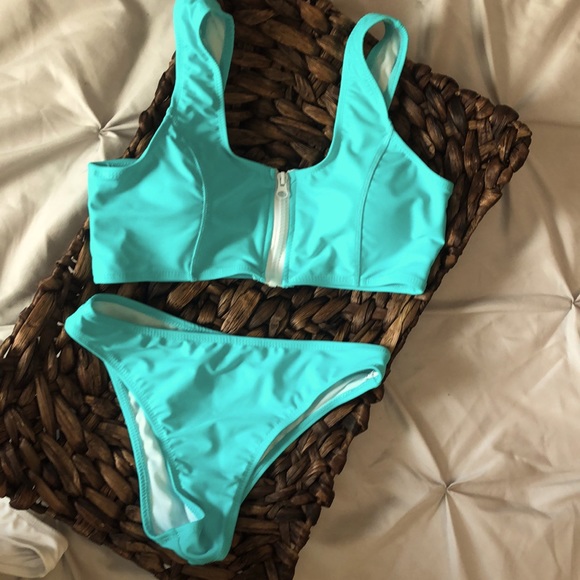 2 piece, teal, zip top, bikini with removable cups - Picture 1 of 5